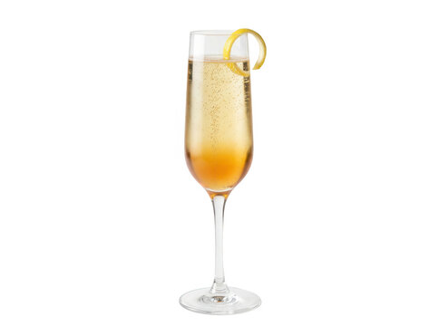 Une fl&ucirc;te &agrave; champagne &eacute;l&eacute;gante remplie d'un cocktail p&eacute;tillant dor&eacute;, garnie d'un zeste de citron en spirale, isol&eacute;e sur un fond blanc pur, parfaite pour les c&eacute;l&eacute;brations, les f&ecirc;tes et les menus.