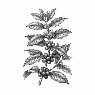 Botanical illustration of a coffee plant branch with leaves, flowers, and beans in engraving style