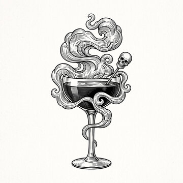 Spooky halloween cocktail with magical smoke and skull stirrer in vintage engraving style