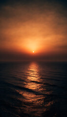 Fototapeta premium Ultra-realistic ocean sunset with the sun glowing on the horizon, dramatic clouds, calm rolling waves, and a brilliant golden-orange reflection stretching across the water