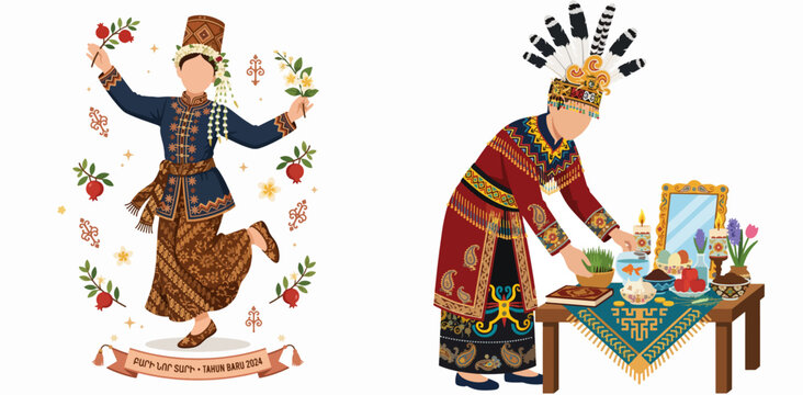 Traditional Indonesian New Year Celebration with Floral Dance and Ritual Offering