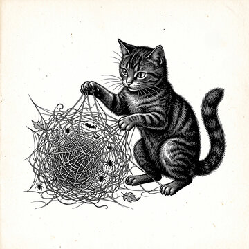Vintage engraving illustration of a curious tabby cat playing with a tangled spiderweb