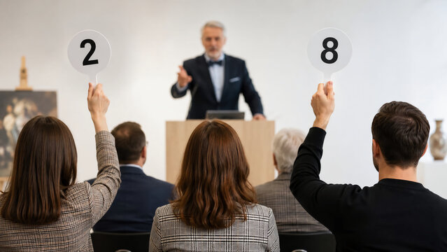 Audience members hold up paddles with numbers 2 and 8 during an auction, while an auctioneer stands at the podium.