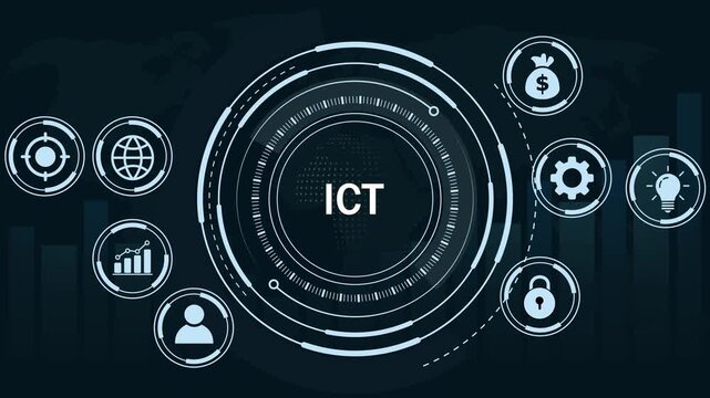 Dynamic ict information and communication technology digital interface featuring futuristic hud circular data analytics global network connectivity and business growth strategy motion background