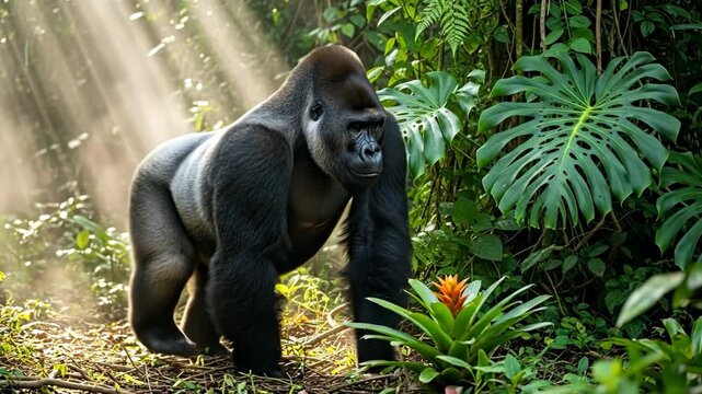 Majestic silverback gorilla stands in a sun-drenched tropical jungle.
