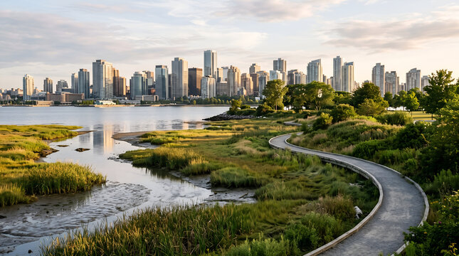 Coastal wetlands buffer urban areas from rising seas, illustrating nature-based solutions, climate resilience, biodiversity, and sustainable city planning.