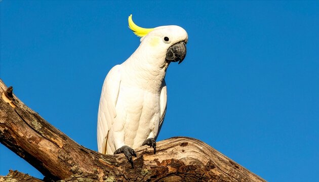 white cockatoo on tree branch isolated on blue background