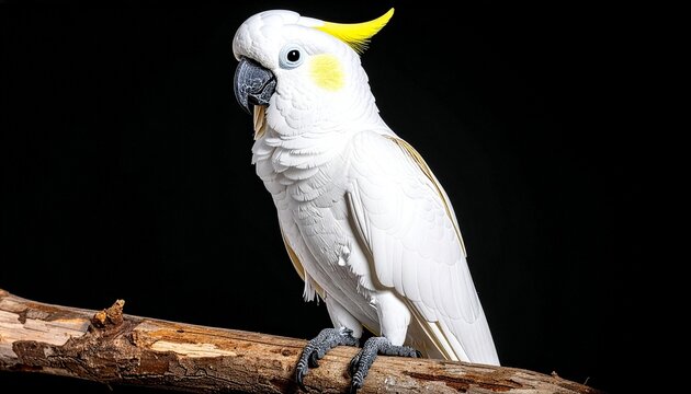 white cockatoo on tree branch isolated on black background