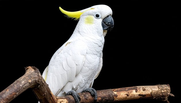 white cockatoo on tree branch isolated on black background