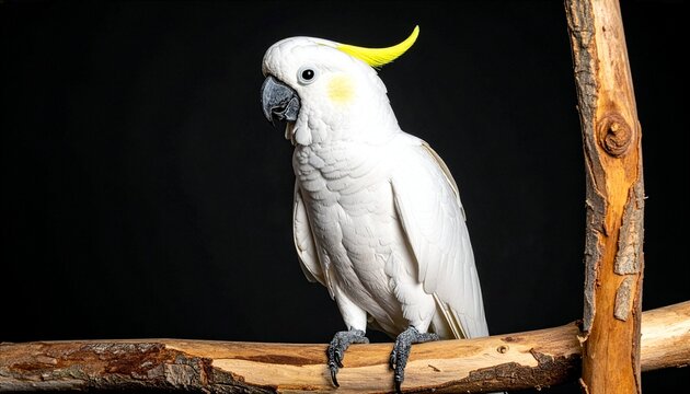 white cockatoo on tree branch isolated on black background