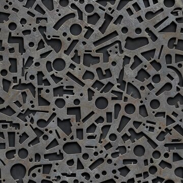 Seamless texture of laser-cut sheet metal scrap skeleton, industrial manufacturing waste pattern, generative AI