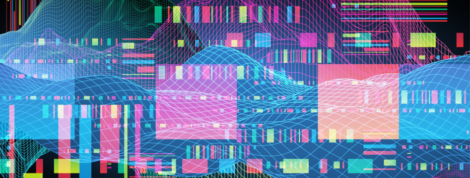 Abstract digital data visualization with colorful neon waveforms, wireframe grids, and geometric glitch elements on a dark blue background.