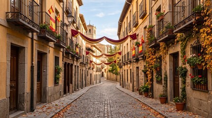 Fototapeta premium A quiet cobblestone street in an old Spanish town decorated with flags and autumn leaves on the ground