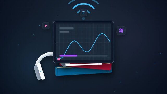 animated graphic showcasing a financial growth chart and data curves on a tablet screen, accompanied by wireless signals, headphones, and notebooks against a dark background.