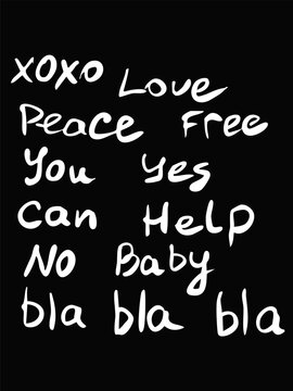 Handwritten neon lettering word pack, colorful bright doodle short phrases, love, xoxo, peace, free, yes, no, can, help, baby, bla bla bla, isolated on black background