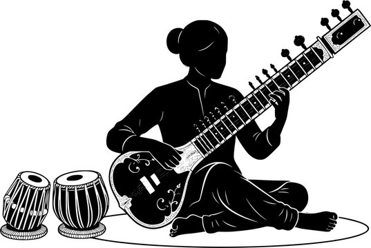 Indian classical musician playing sitar seated beside tabla pair vector silhouette line art isolated on white background