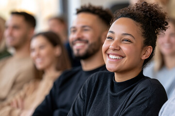 Obraz premium Warm smiles fill this diverse audience. Curly hair frames her joyful, radiant expression. She wears a black top and leans slightly forward. Behind her, others listen attentively, smiling faintly