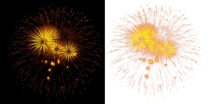 Multiple golden fireworks exploding against dark night sky, festive celebration element for holiday designs and events.