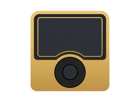 &Iacute;cone de aplicativo quadrado com design moderno em tons de dourado e preto, apresentando uma tela retangular superior e um bot&atilde;o circular central, estilo minimalista para interface de usu&aacute;rio digital.