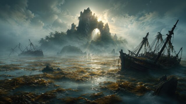 Mysterious shipwreck and island fortress shrouded in fog and moonlight