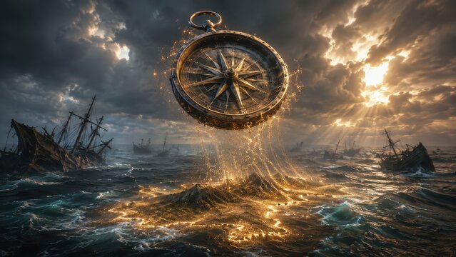 Mysterious antique compass guiding through a stormy sea with shipwrecks, epic adventure