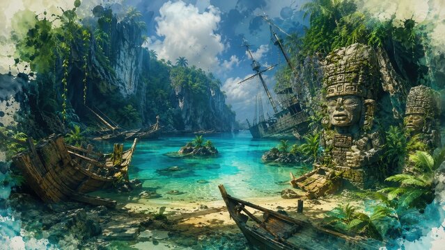 Lost ancient ruins and shipwrecked boats in a tropical jungle cove, evoking mystery and adventure