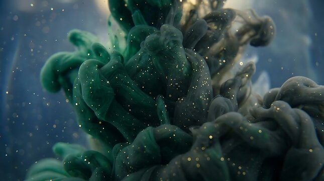 Swirling green ink with golden particles