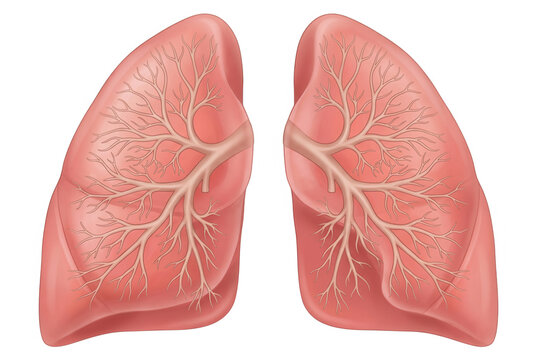Ilustra&ccedil;&atilde;o m&eacute;dica detalhada dos pulm&otilde;es humanos isolados em fundo branco, destacando a anatomia do sistema respirat&oacute;rio com br&ocirc;nquios e ramifica&ccedil;&otilde;es pulmonares em tons de rosa e bege para educa&ccedil;&atilde;o.