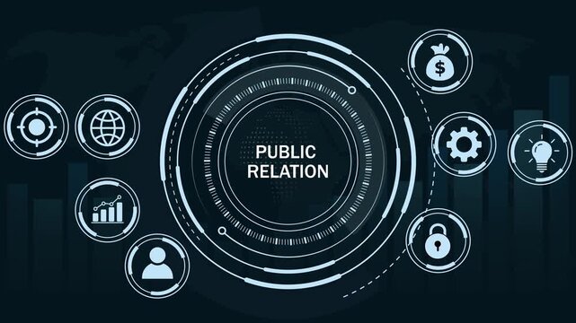 Dynamic public relation digital interface featuring animated infographic global business network connectivity, corporate communication strategy, modern data visualization, and marketing concept