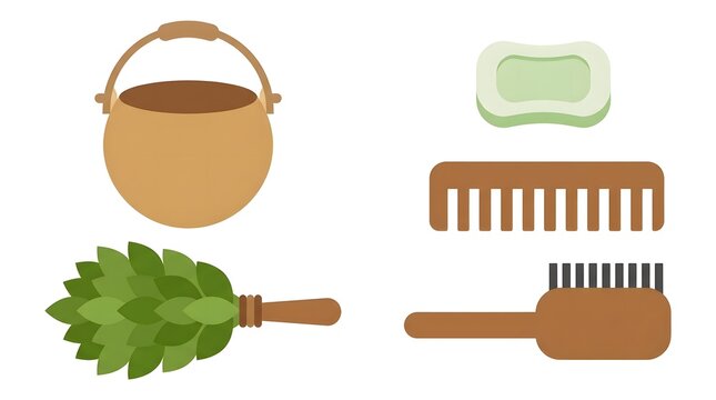 Collection of bathing items including a pot soap and brushes in vector style