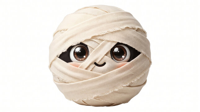 Cute round mummy character wrapped in bandages with big shiny eyes and a smile isolated on white background