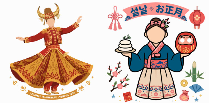 Traditional Korean and Indonesian New Year Celebration Illustration