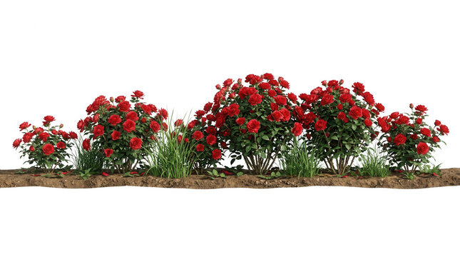 Fileira de arbustos de rosas vermelhas florescendo plantadas em solo f&eacute;rtil com grama verde, isolada em fundo branco para projetos de paisagismo e design.