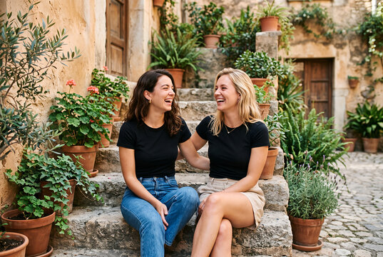 Two women friends laughing together in ancient garden courtyard