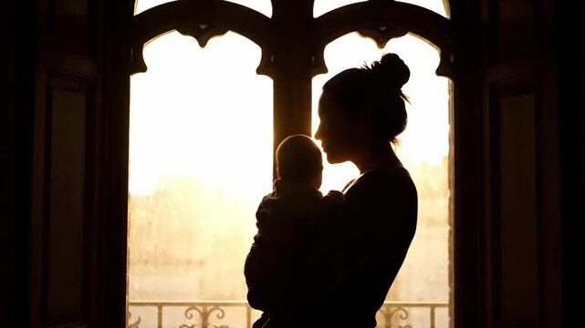 Mother holding baby in sunlit doorway, gentle family warmth