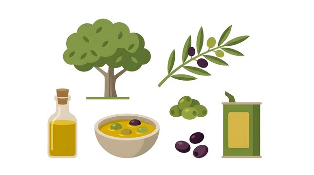 Olive tree olives and oil bottle in a flat vector illustration