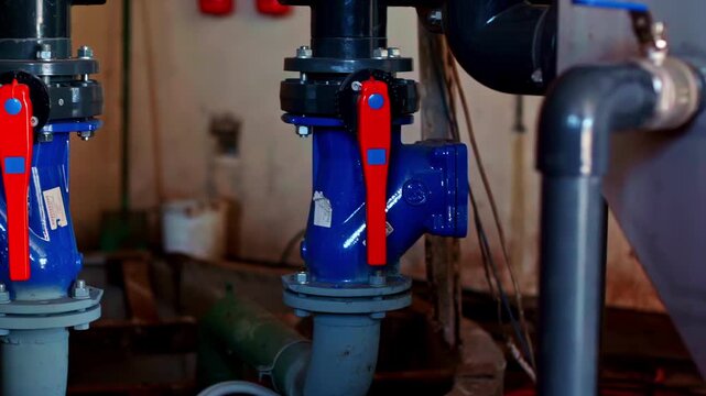 Industrial pipes and valves with blue and red details in slow camera movement, modern factory system with pipelines.