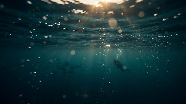 Diver and fish in deep blue ocean