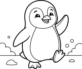 Fototapeta premium Cute happy cartoon penguin waving hello, coloring page for kids