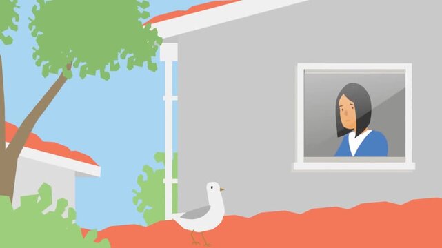 2D animation of a woman looking out a house window at a white duck standing in the backyard garden view concept