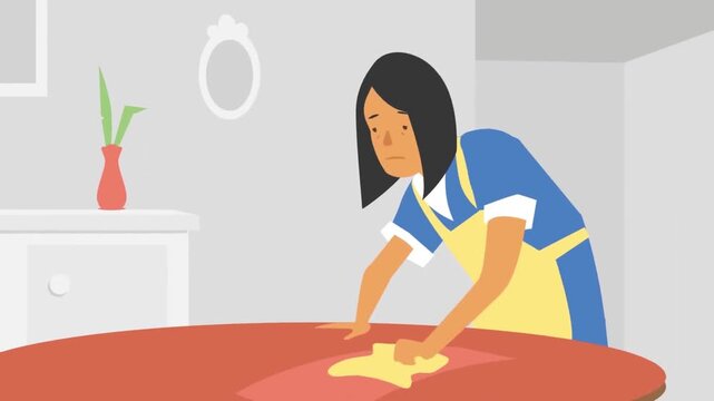 2D animation of a maid housekeeper wiping and cleaning a wooden table with a cloth domestic service concept