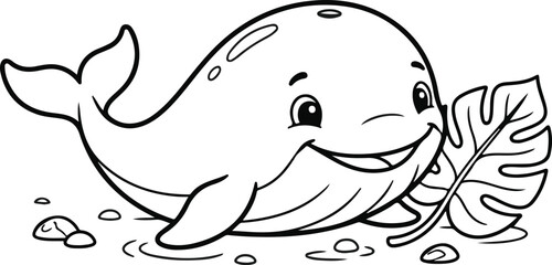 Naklejka premium Cute cartoon whale character smiling and holding a tropical monstera leaf, simple line art illustration for coloring book
