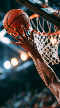 Close up of basketball player hand shooting ball into net hoop in indoor stadium arena.