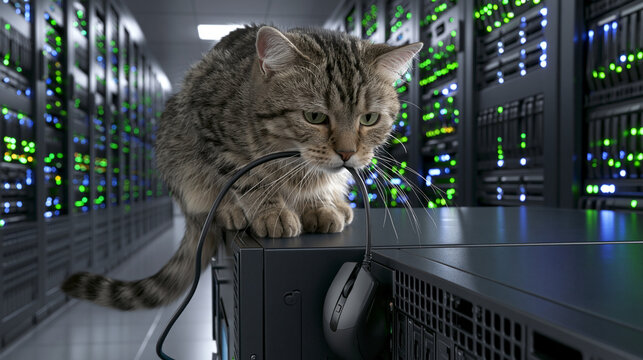 Cute tabby cat is gnawing on a black mouse cable on a server cabinet inside a state of the art data center.