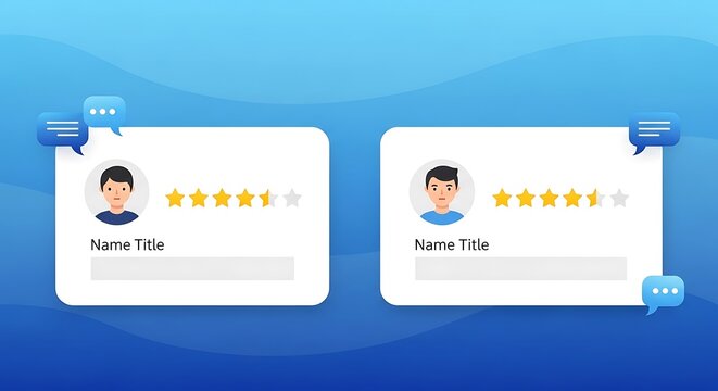Two digital feedback cards showcasing user profiles with five star ratings and speech bubble icons set against a smooth blue gradient background for customer review presentation