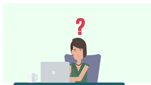 2D animation of a confused woman sitting at a desk with laptop having a question mark icon decision problem concept