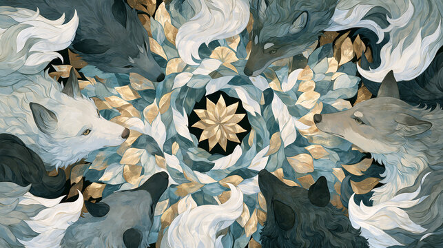 Mythical wolf pack arranged in circular mandala pattern surrounding golden star emblem illustration.