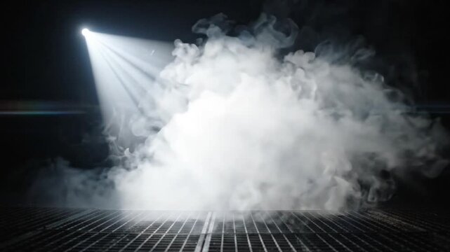 White smoke billows from a metal grate under a spotlight in darkness