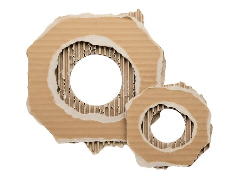 Two hexagonal nut shaped cardboard cutouts with central circular holes