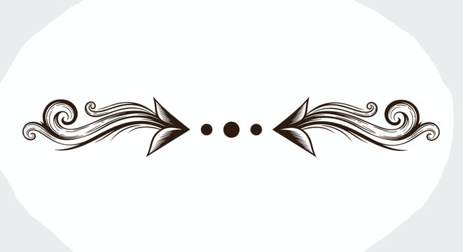 Elegant vintage text divider with symmetrical swirly arrow shapes and three small dots in the center of the design.